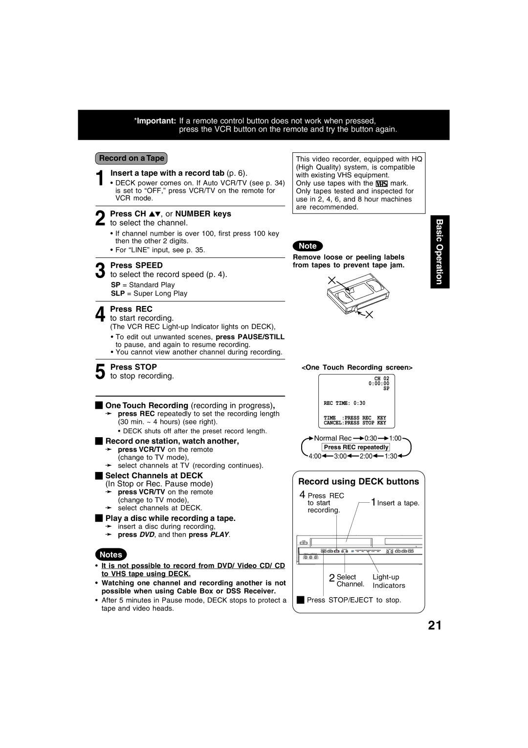 Panasonic PV-D4745S manual Record using Deck buttons 