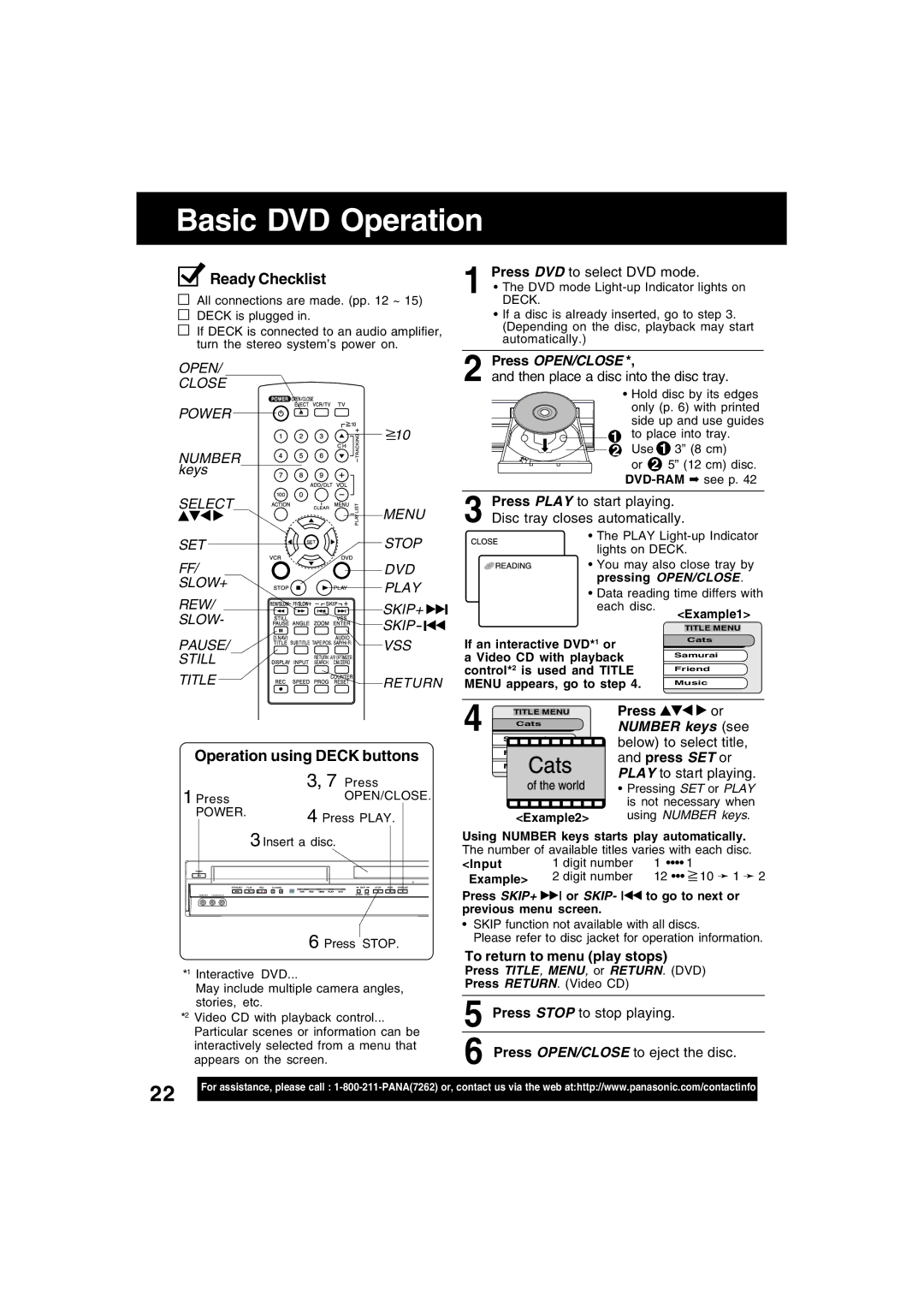 Panasonic PV-D4745 manual Basic DVD Operation, Operation using Deck buttons, Press OPEN/CLOSE, To return to menu play stops 