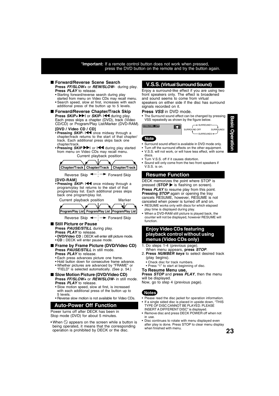 Panasonic PV-D4745S manual Auto-Power Off Function, Resume Function, S. Virtual Surround Sound 