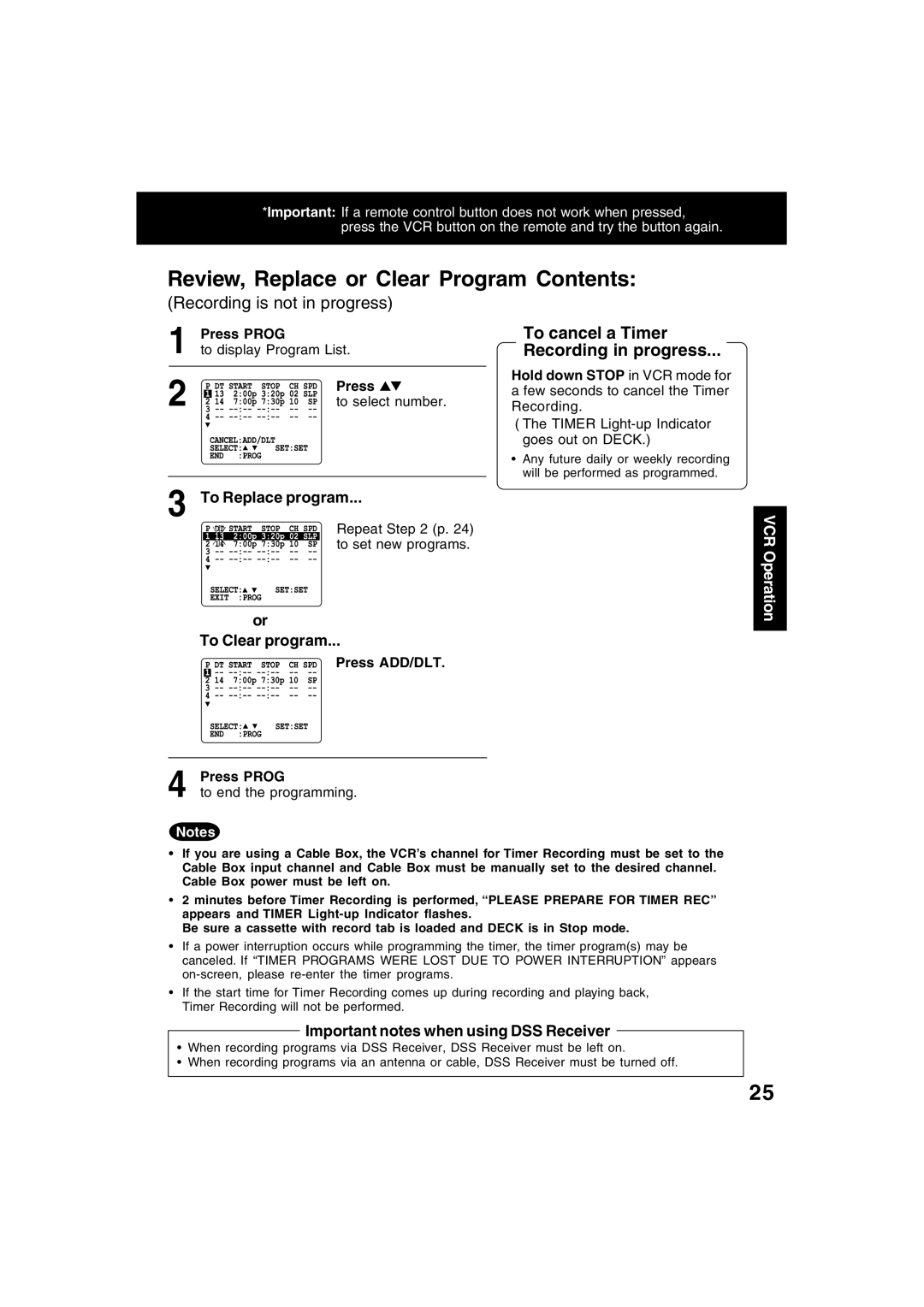 Panasonic PV-D4745S manual Review, Replace or Clear Program Contents 