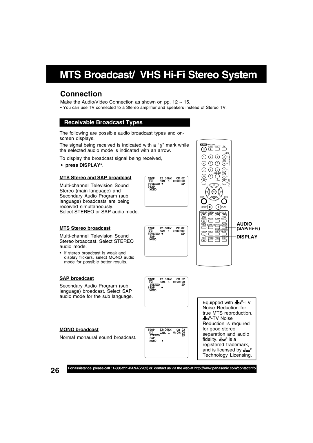 Panasonic PV-D4745S manual Receivable Broadcast Types, Press Display MTS Stereo and SAP broadcast, MTS Stereo broadcast 