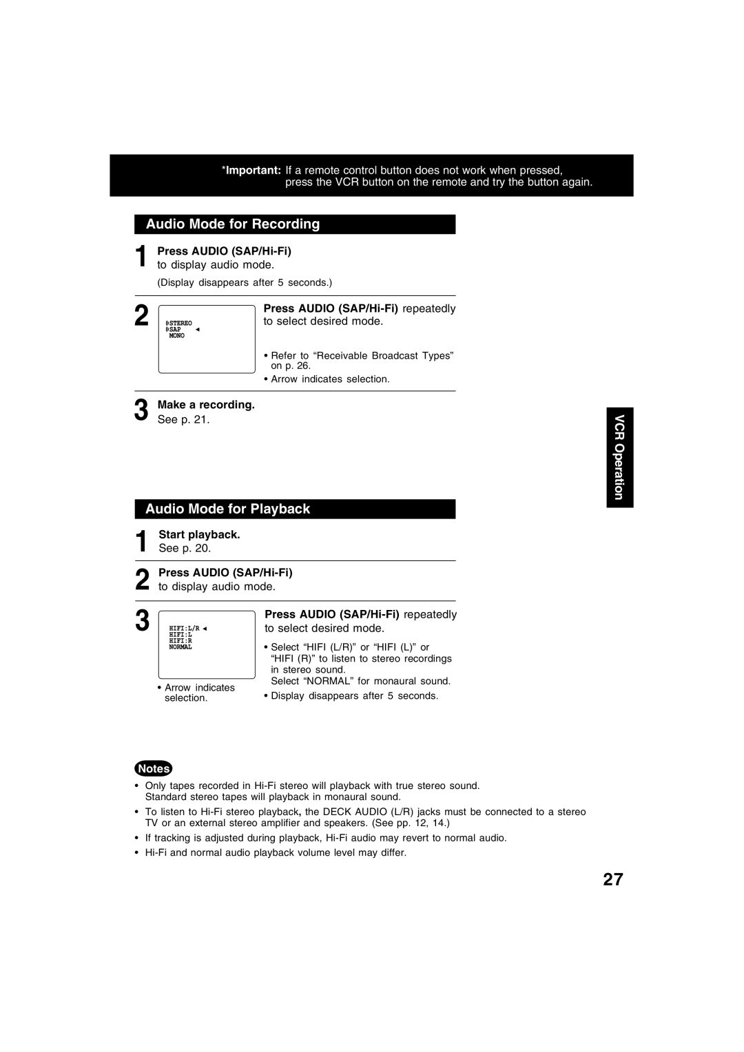 Panasonic PV-D4745S manual Audio Mode for Recording, Audio Mode for Playback 