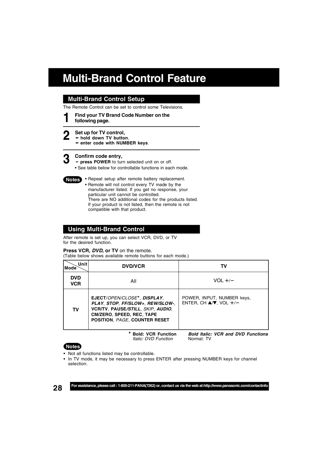 Panasonic PV-D4745S manual Multi-Brand Control Feature, Multi-Brand Control Setup, Using Multi-Brand Control 