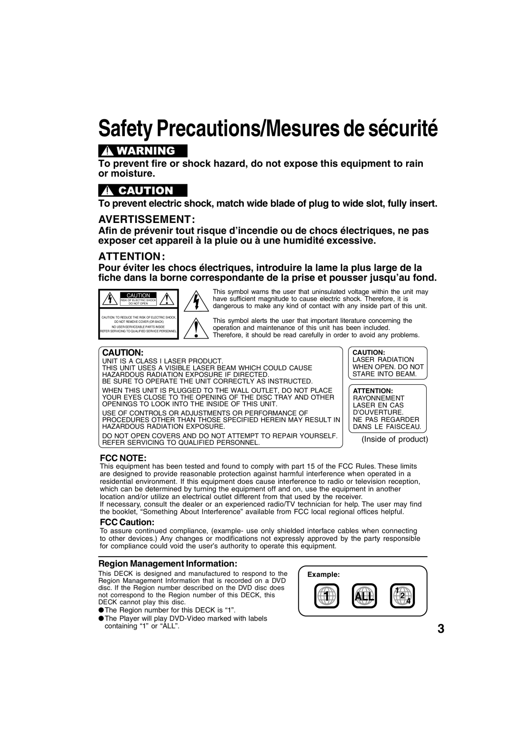 Panasonic PV-D4745S manual FCC Caution, Region Management Information, Inside of product, Example 