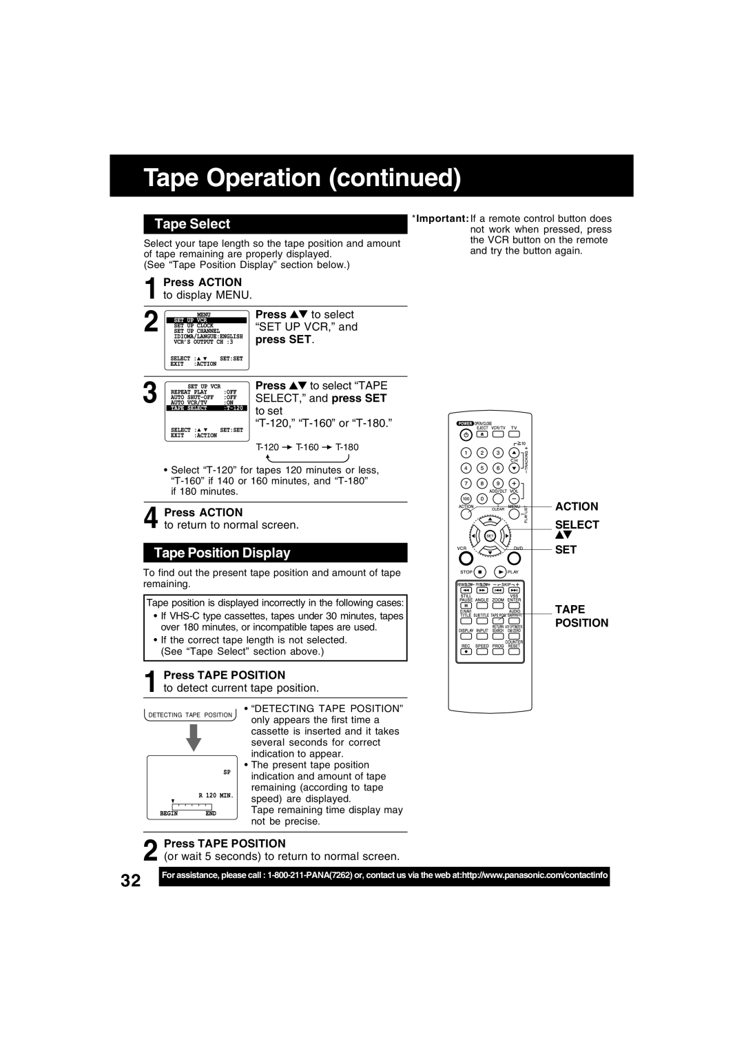 Panasonic PV-D4745S manual Tape Select, Tape Position Display, Press SET, Action, Press Tape Position 