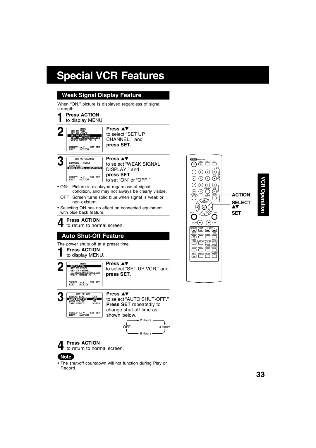 Panasonic PV-D4745S manual Special VCR Features, Weak Signal Display Feature, Auto Shut-Off Feature 