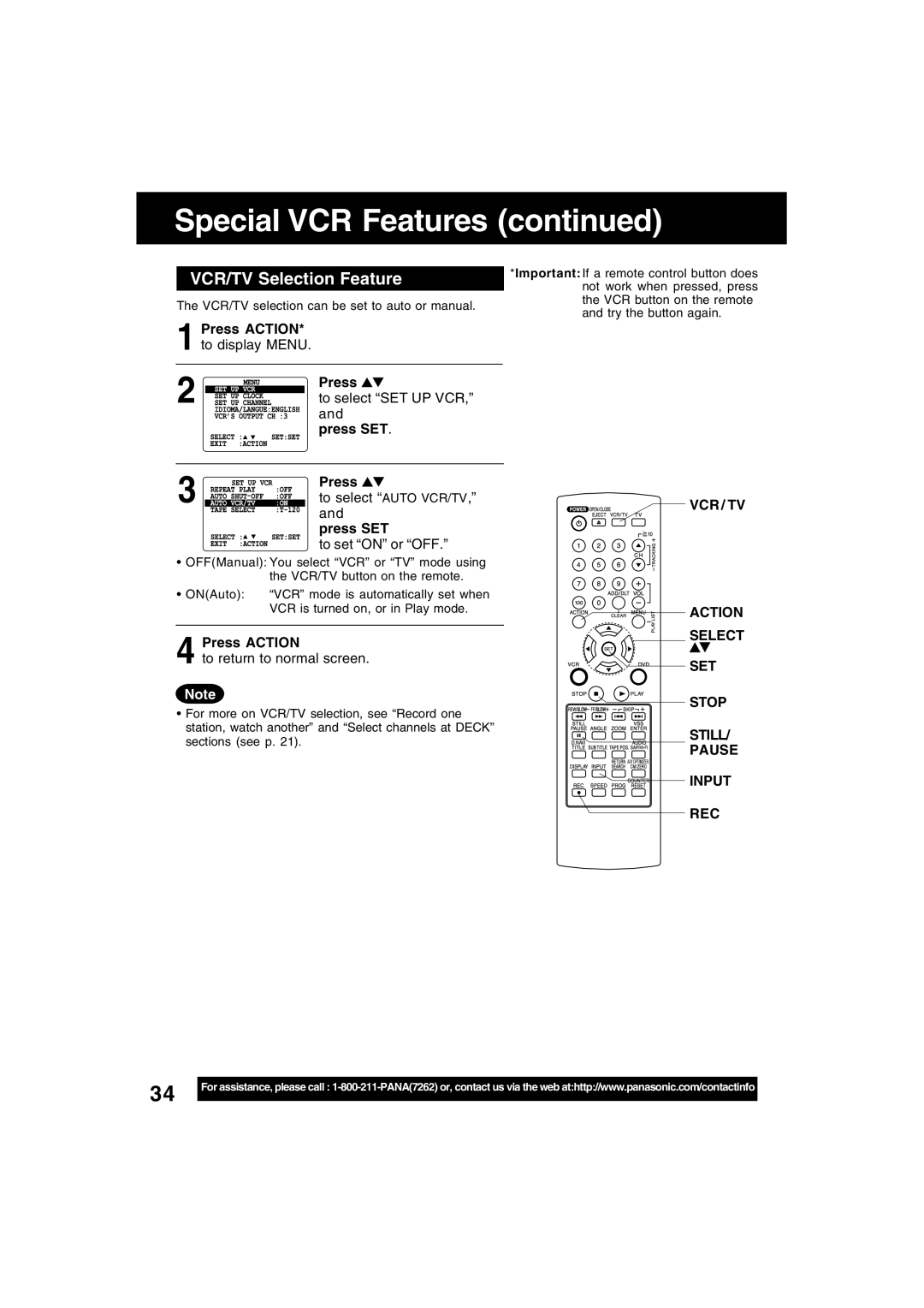 Panasonic PV-D4745S manual VCR/TV Selection Feature, To select SET UP VCR, To select Auto VCR/TV, VCR / TV Action 