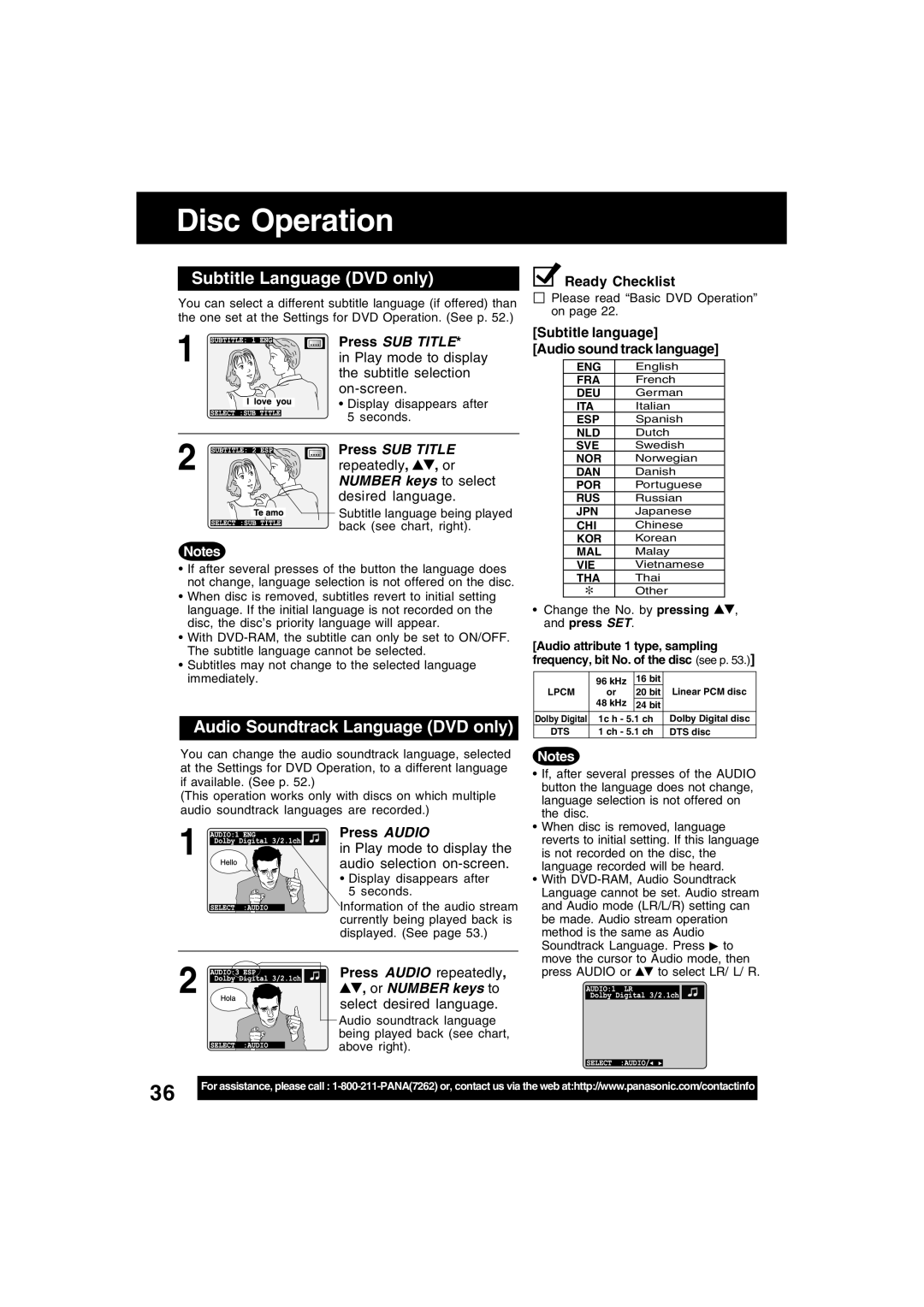 Panasonic PV-D4745 manual Disc Operation, Subtitle Language DVD only, Audio Soundtrack Language DVD only, Press SUB Title 