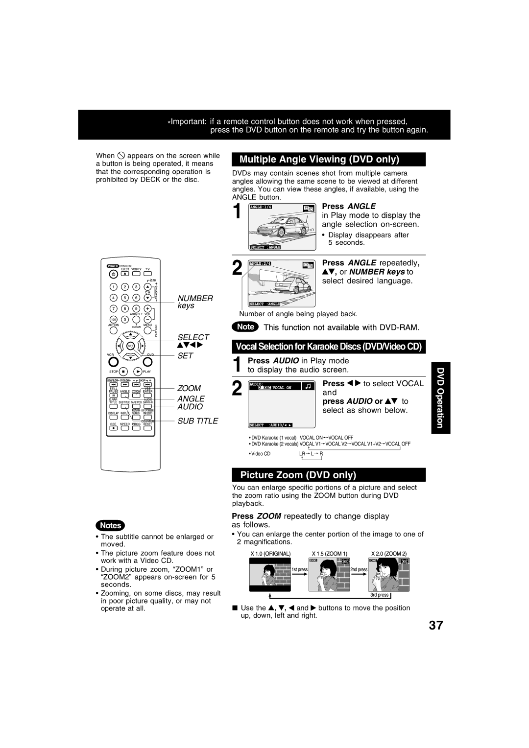 Panasonic PV-D4745S manual Multiple Angle Viewing DVD only, Picture Zoom DVD only, DVD Operation, Press Angle 