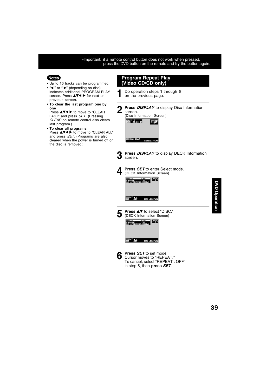 Panasonic PV-D4745S manual Program Repeat Play Video CD/CD only, Press Display to display Deck Information screen 