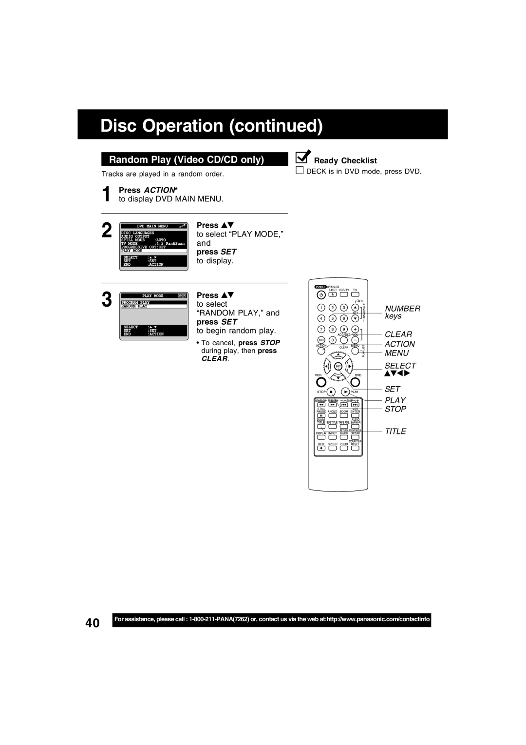 Panasonic PV-D4745S manual Random Play Video CD/CD only, To display DVD Main Menu, To select Play Mode 