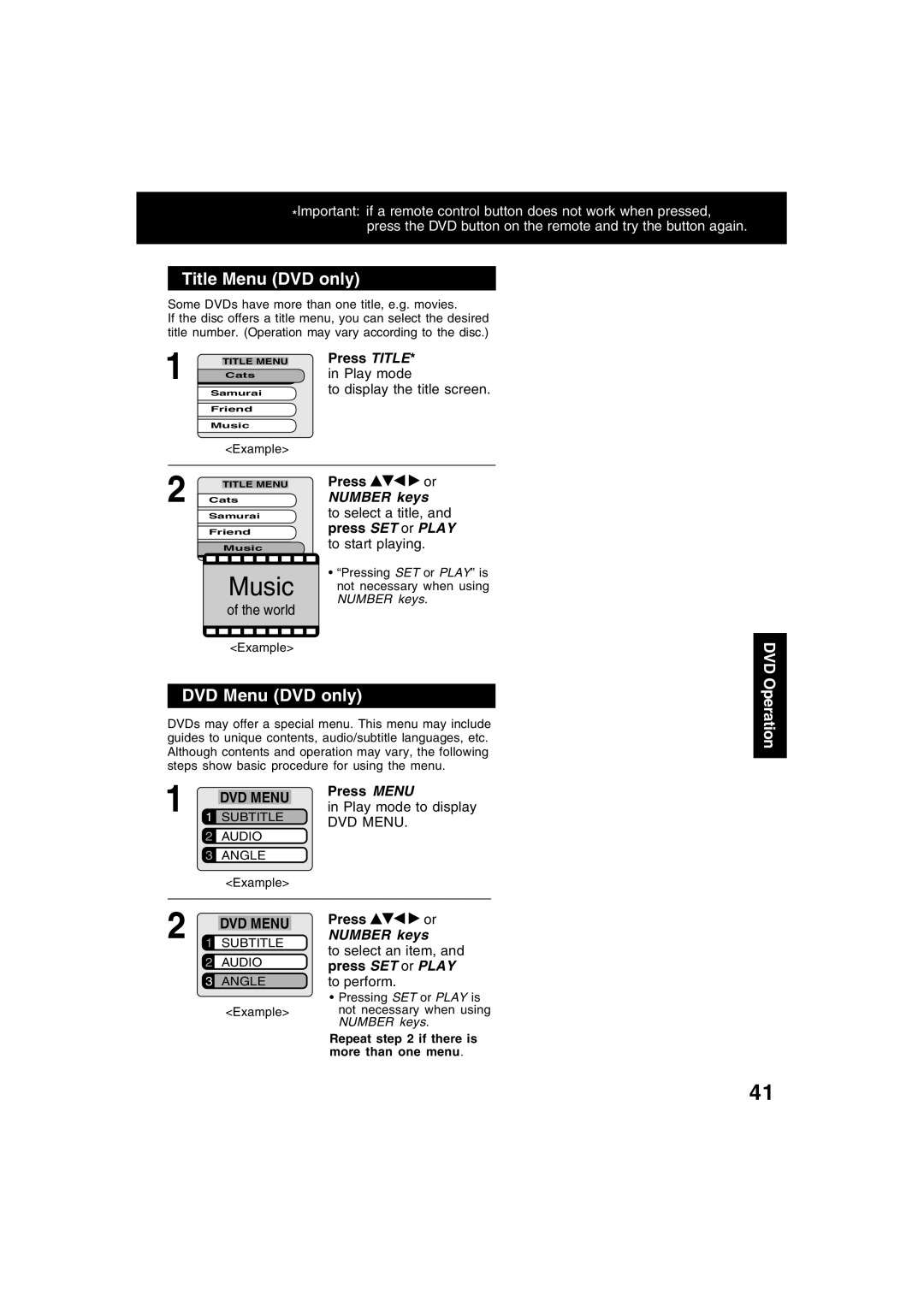 Panasonic PV-D4745S manual Title Menu DVD only, DVD Menu DVD only 