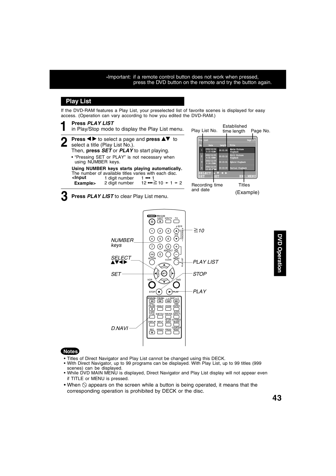 Panasonic PV-D4745S manual Press Play List, Play/Stop mode to display the Play List menu 