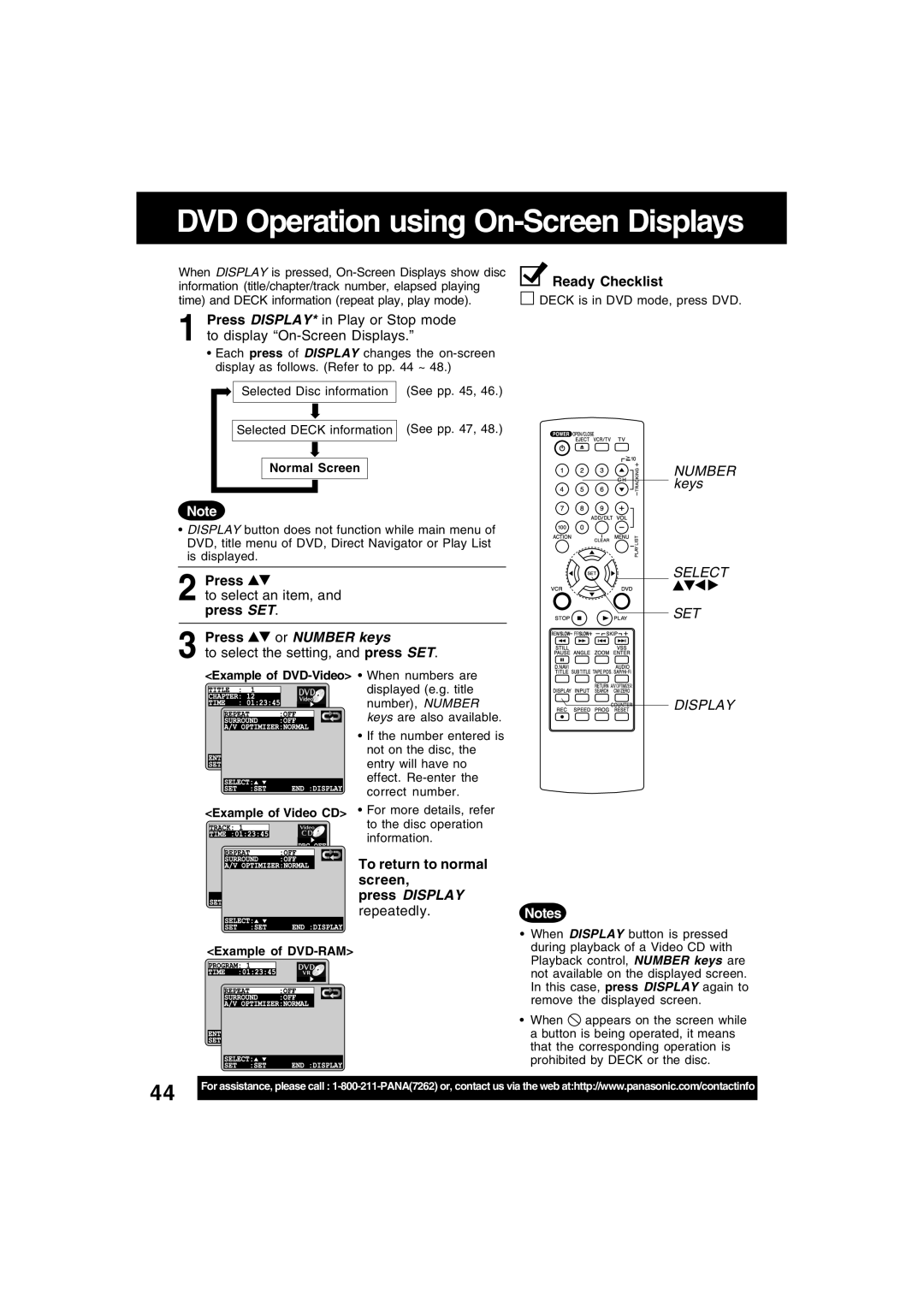 Panasonic PV-D4745S manual To select an item, and press SET, Press or Number keys, To select the setting, and press SET 