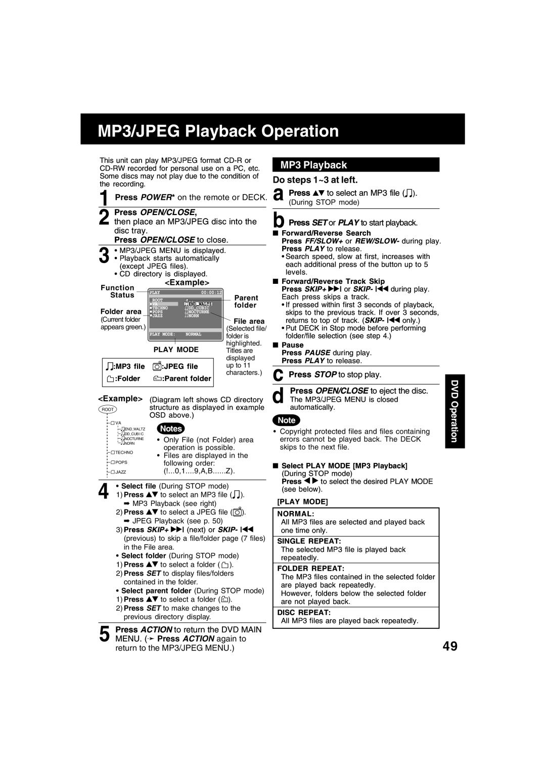 Panasonic PV-D4745S manual MP3 Playback, Do steps 1~3 at left, Press OPEN/CLOSE to close, Press Stop to stop play 