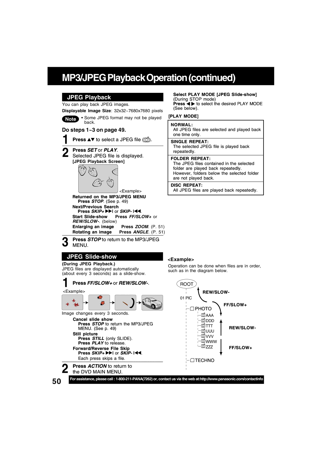 Panasonic PV-D4745 Jpeg Playback, Jpeg Slide-show, Do steps 1~3 on, Press SET or Play, Press FF/SLOW+ or REW/SLOW-.Example 