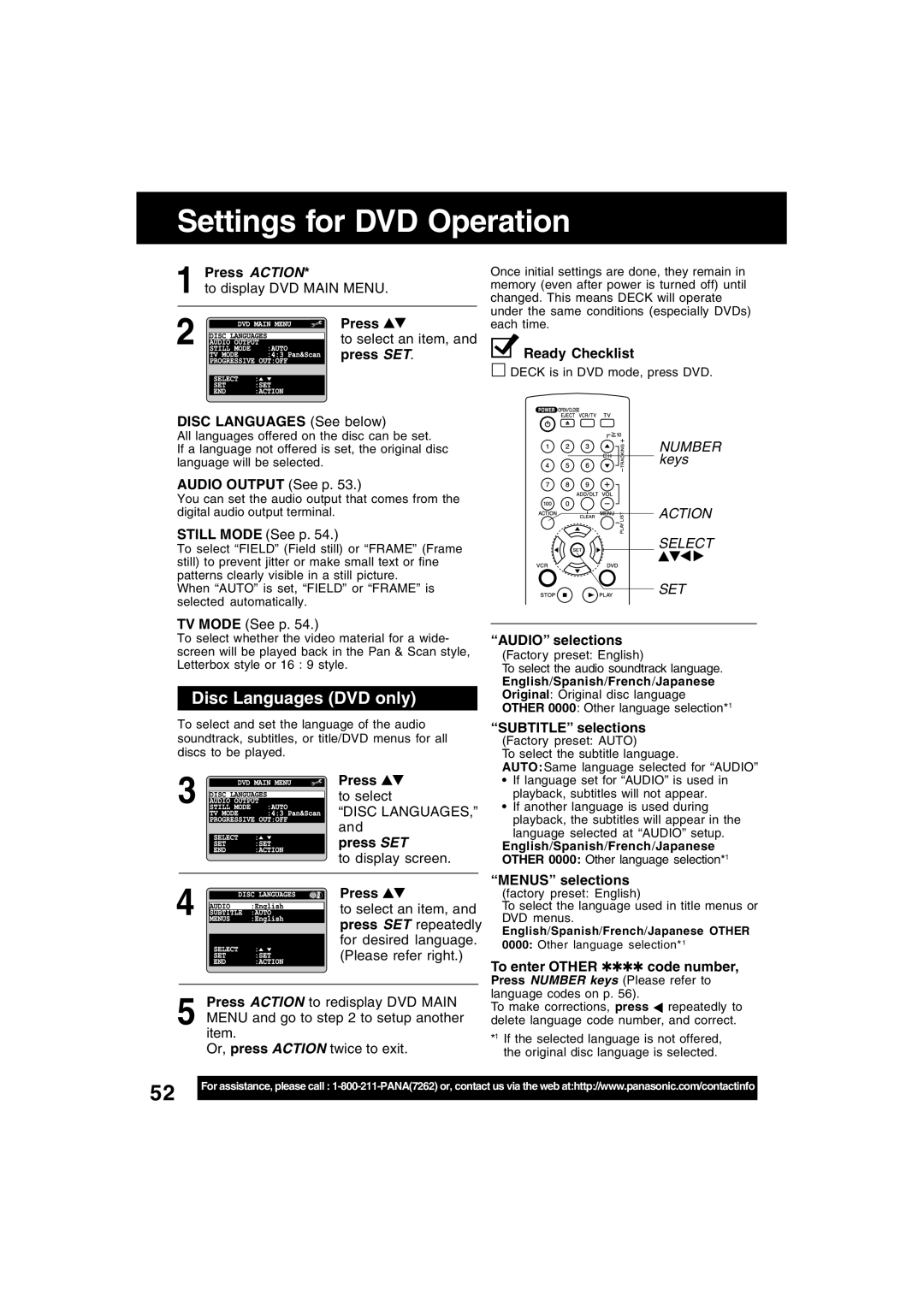 Panasonic PV-D4745S manual Settings for DVD Operation, Disc Languages DVD only 