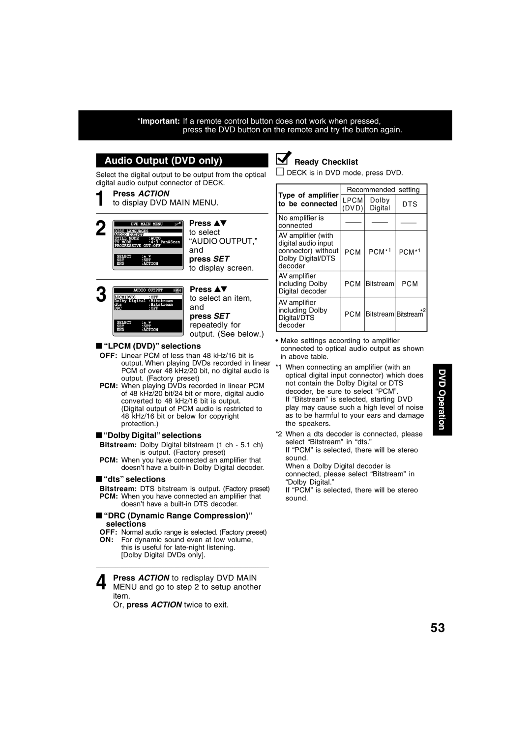 Panasonic PV-D4745S manual Audio Output DVD only, Dolby Digital selections, Dts selections 