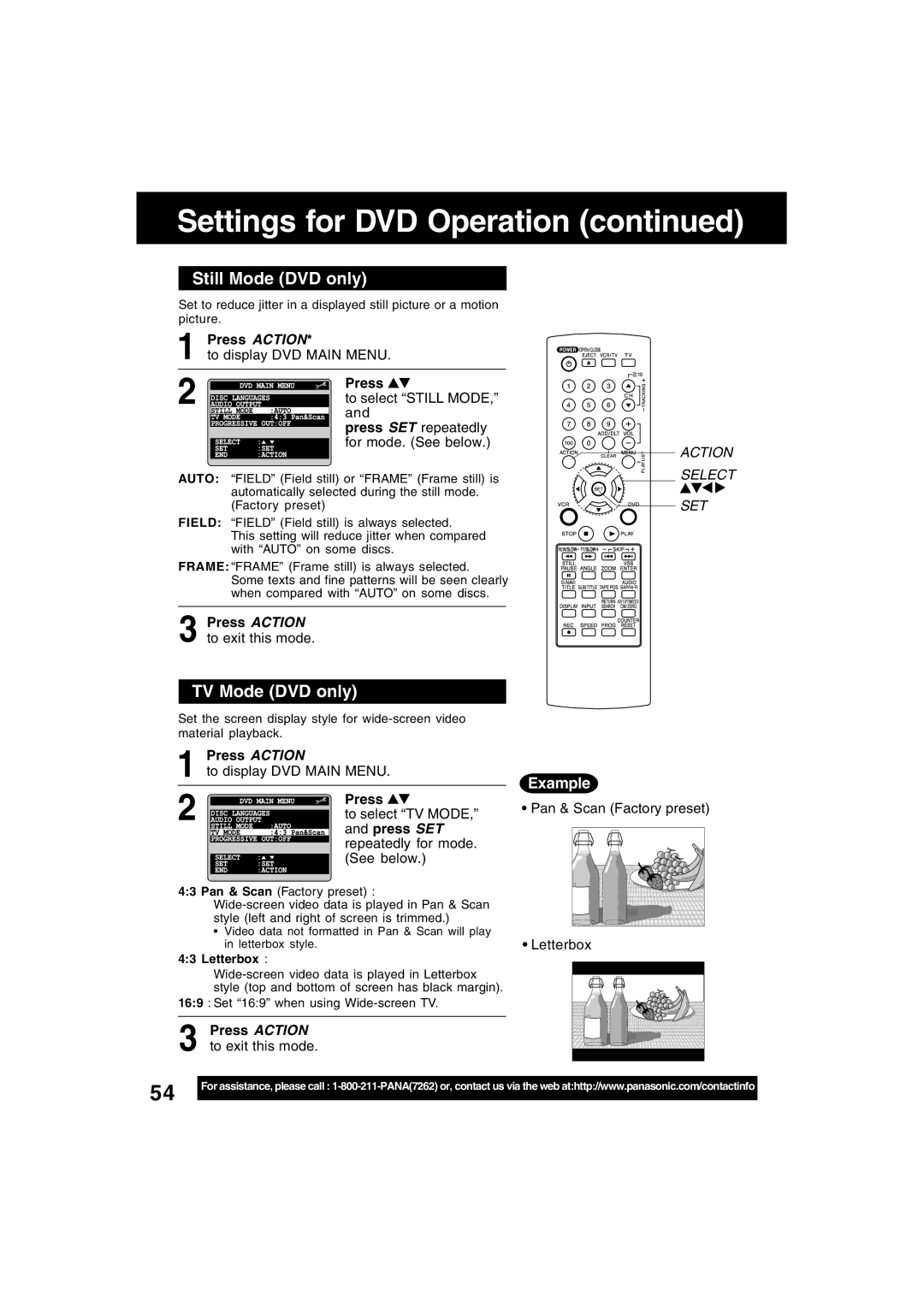 Panasonic PV-D4745S manual Still Mode DVD only, TV Mode DVD only, Example 