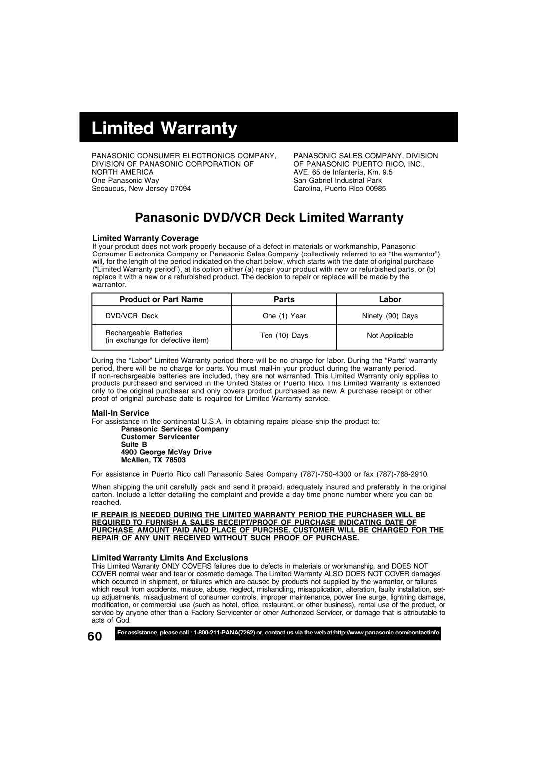 Panasonic PV-D4745S manual Limited Warranty Coverage, Product or Part Name Parts Labor, Mail-In Service 