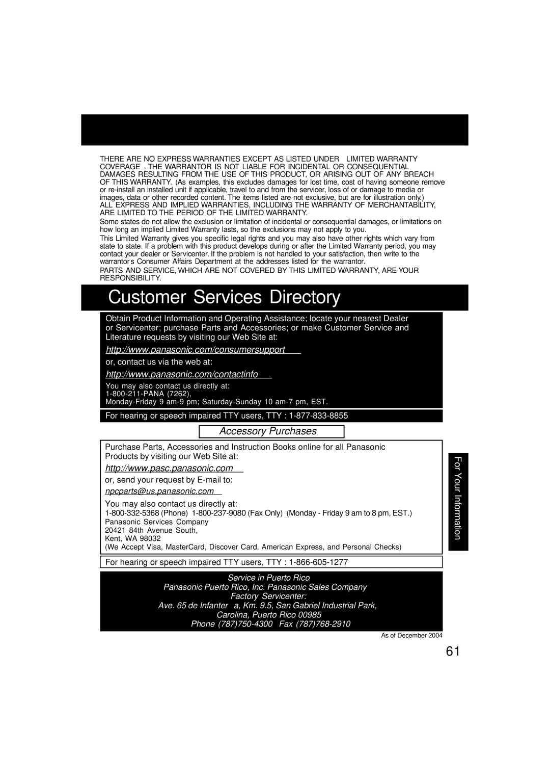 Panasonic PV-D4745S manual Customer Services Directory, For Your Information, Npcparts@us.panasonic.com 