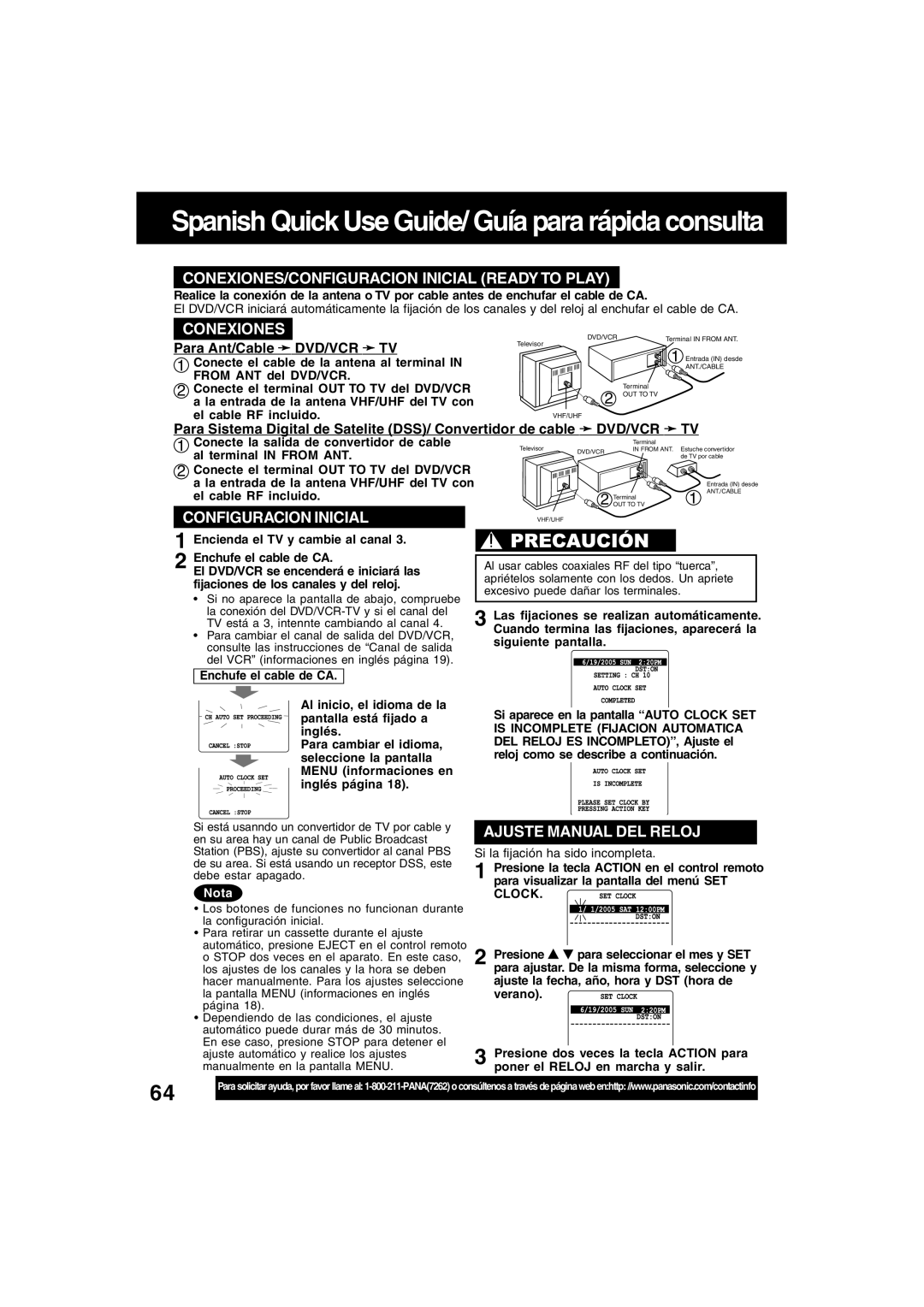 Panasonic PV-D4745S manual Para Ant/Cable DVD/VCR TV, Clock 