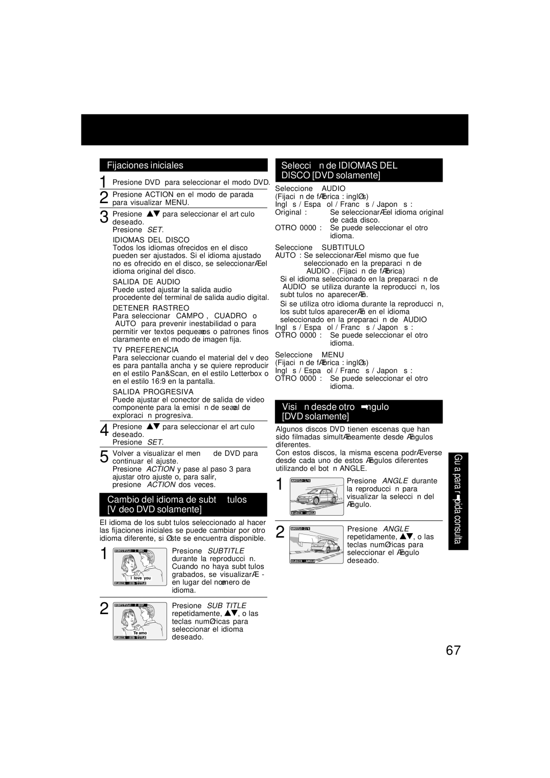 Panasonic PV-D4745S manual Fijaciones iniciales, Cambio del idioma de subtítulos Vídeo DVD solamente 