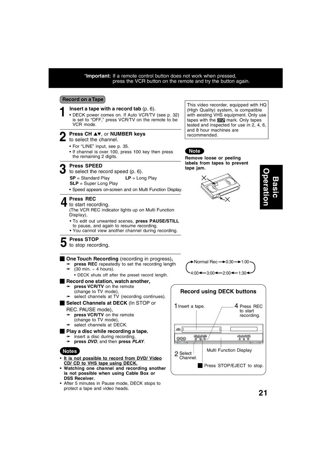 Panasonic PV-D4753S manual Record using Deck buttons 