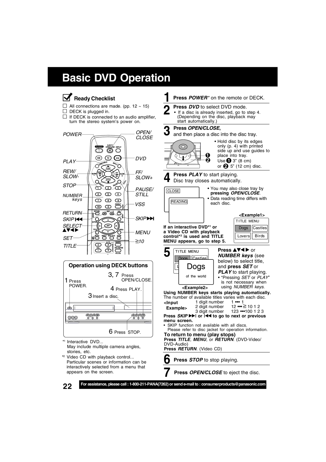 Panasonic PV-D4753S manual Basic DVD Operation, Press OPEN/CLOSE, Number keys see, To return to menu play stops 