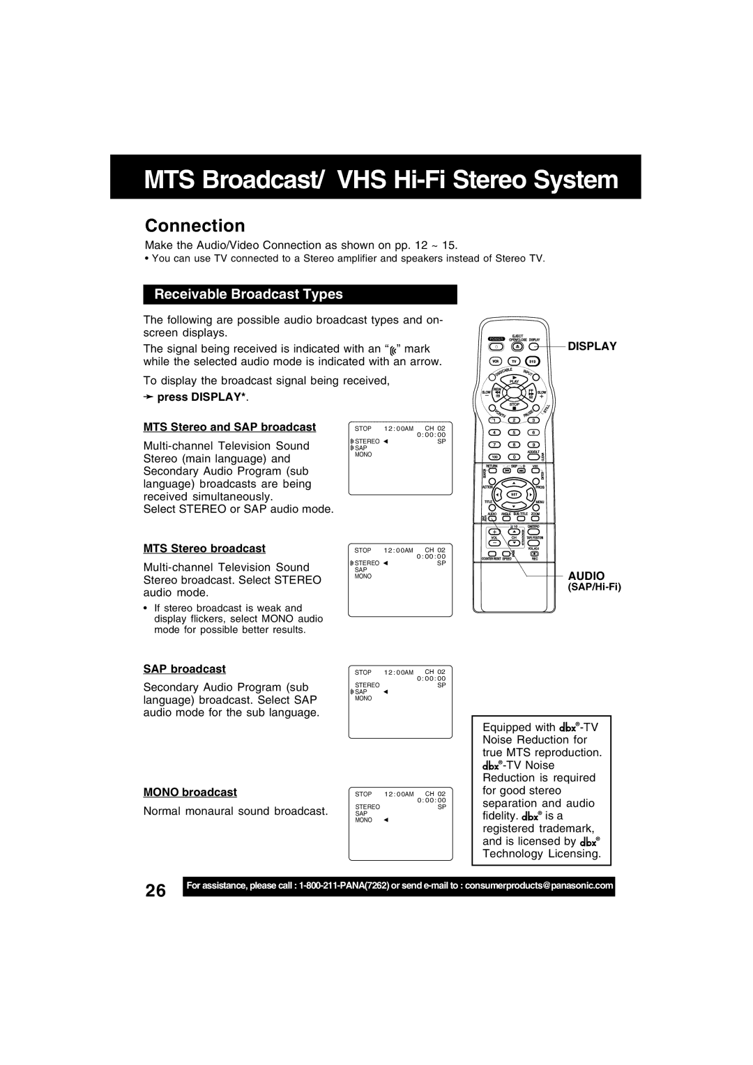 Panasonic PV-D4753S manual Receivable Broadcast Types, Display, Audio 