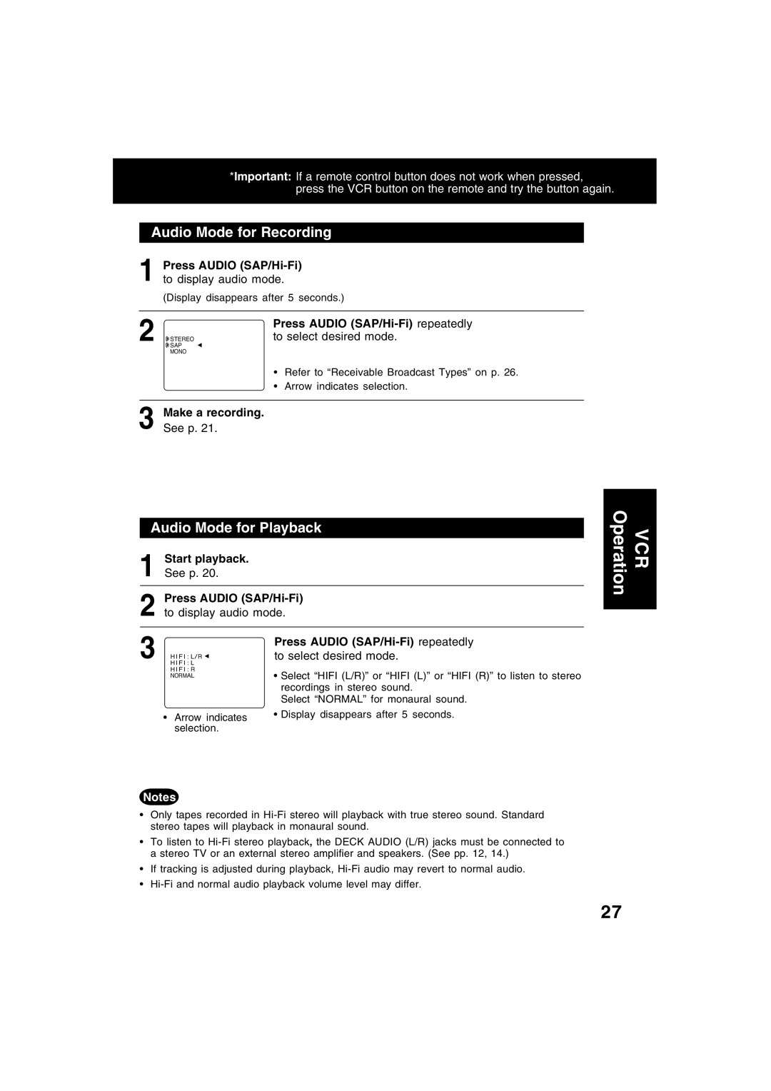 Panasonic PV-D4753S manual Audio Mode for Recording, Audio Mode for Playback 