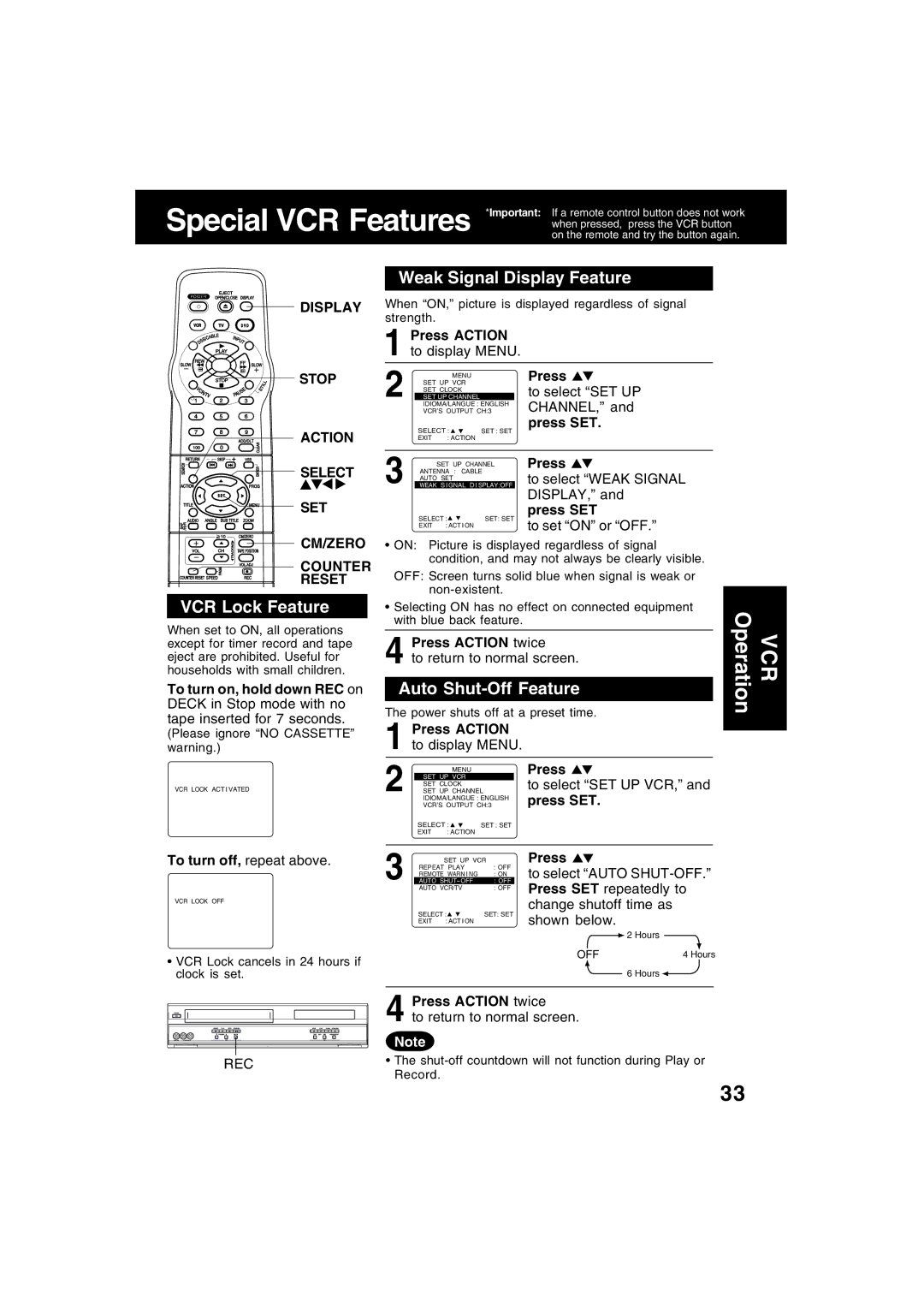 Panasonic PV-D4753S manual VCR Lock Feature, Weak Signal Display Feature, Auto Shut-Off Feature 