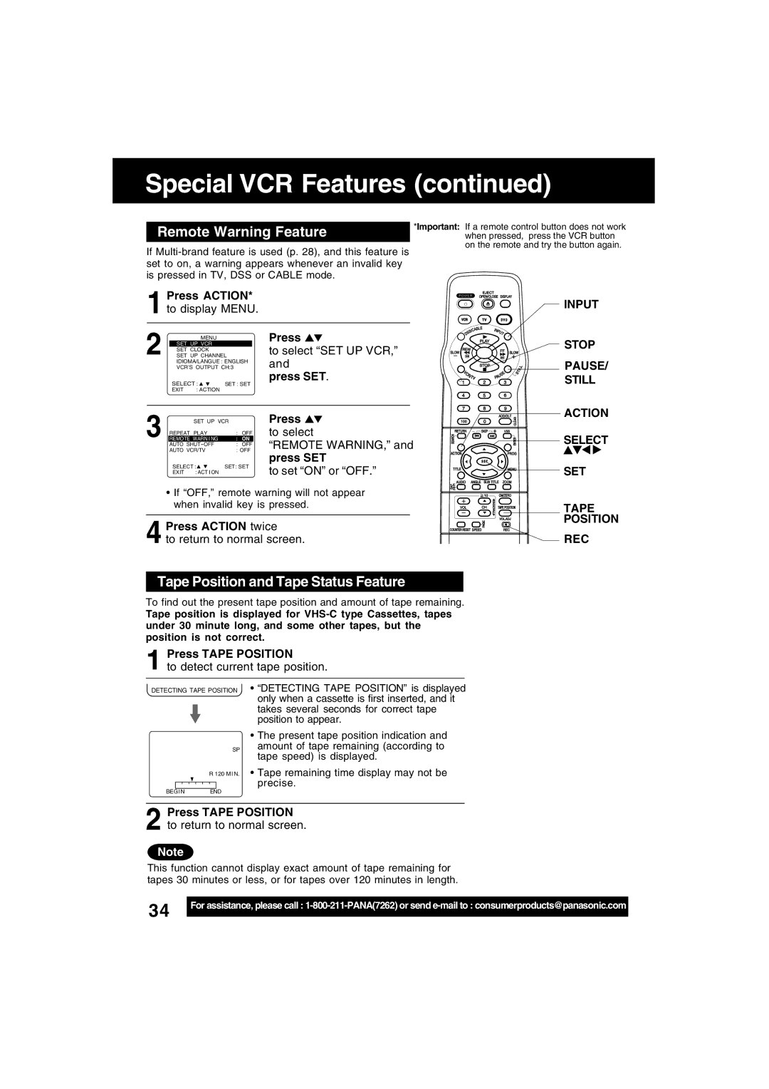 Panasonic PV-D4753S manual Special VCR Features, Tape Position and Tape Status Feature, Press Tape Position 