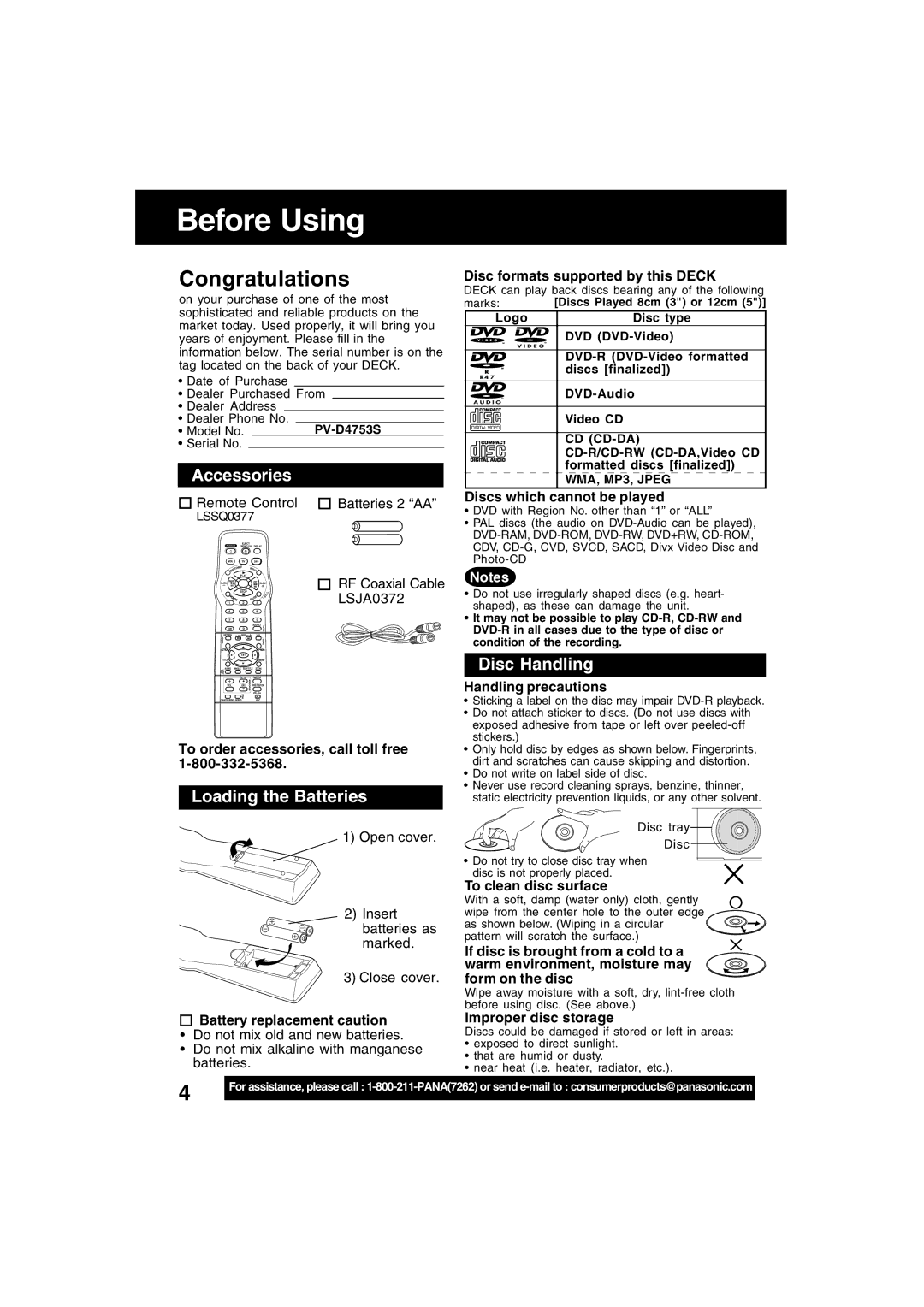 Panasonic PV-D4753S manual Before Using, Accessories, Loading the Batteries, Disc Handling 