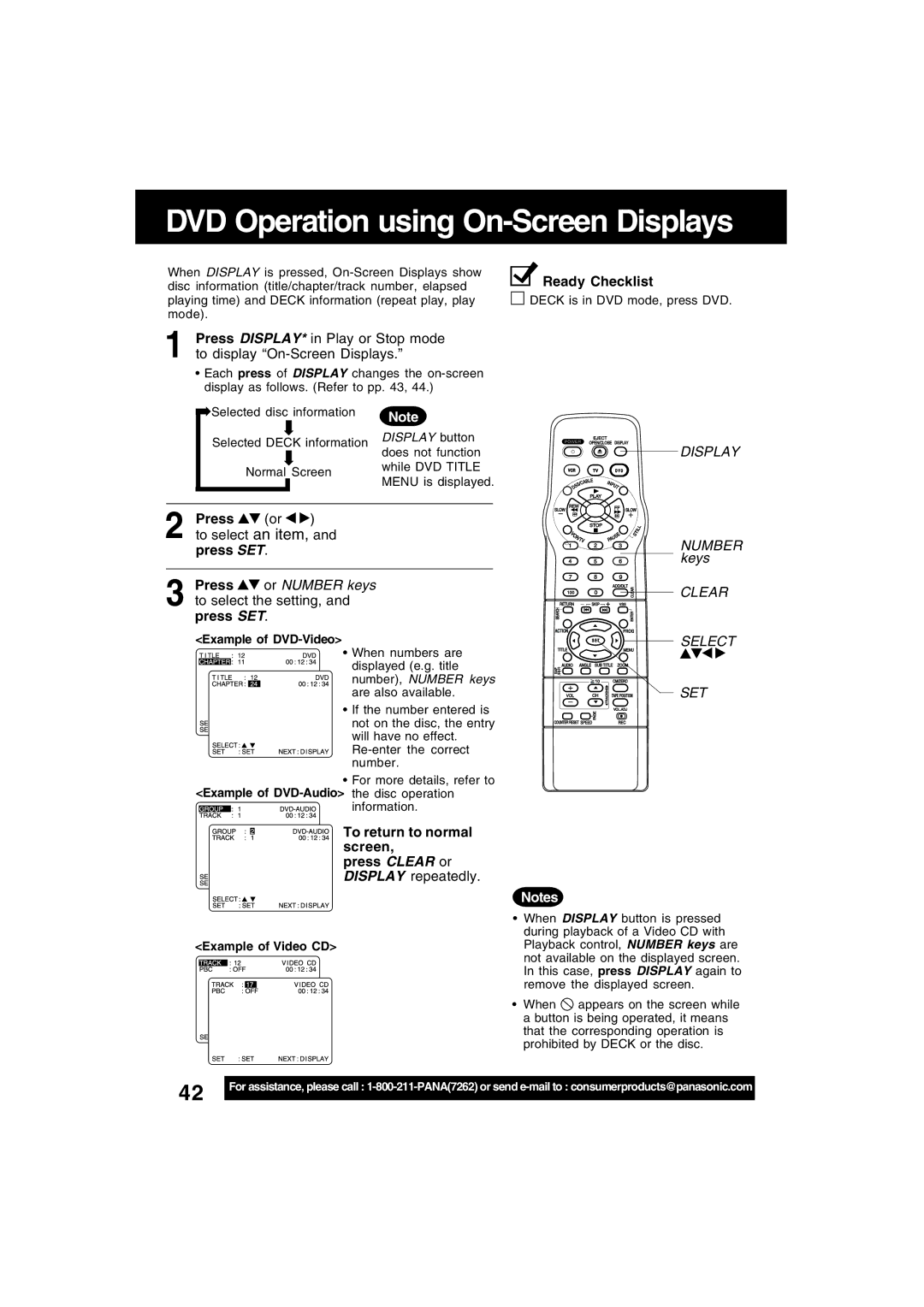 Panasonic PV-D4753S To select an item, Example of DVD-Video, Example of DVD-Audio the disc operation, Example of Video CD 