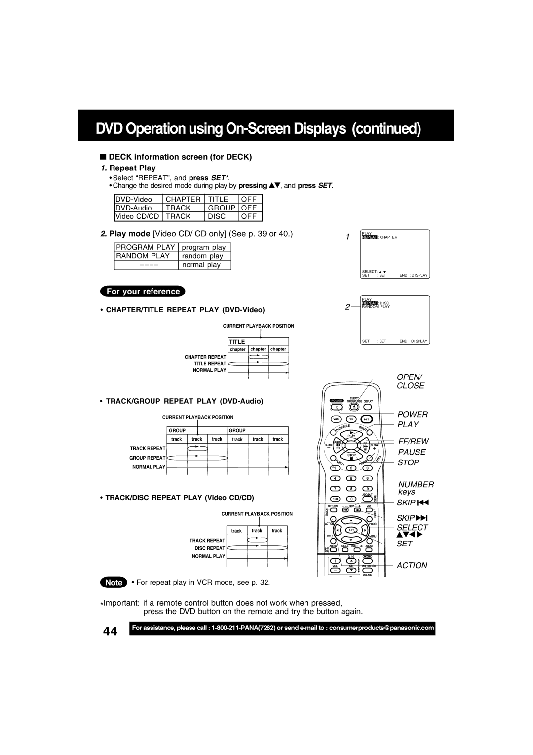 Panasonic PV-D4753S manual Deck information screen for Deck 1. Repeat Play, Play mode Video CD/ CD only See p or 