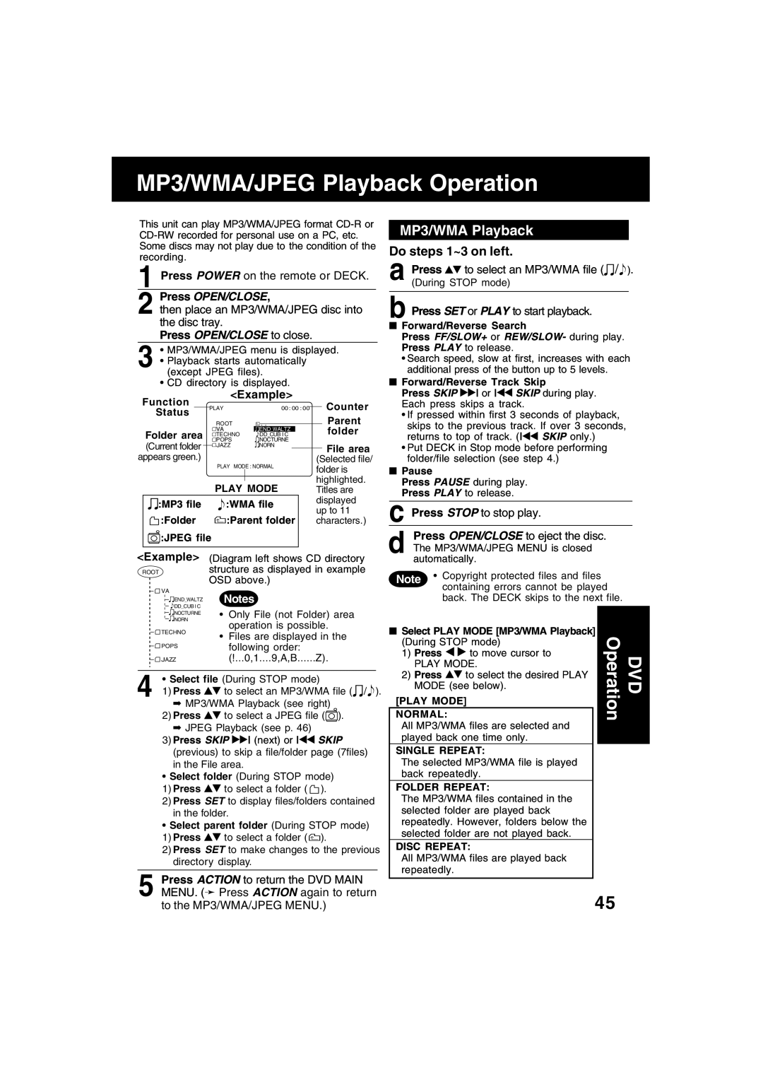 Panasonic PV-D4753S manual MP3/WMA Playback, Do steps 1~3 on left, Press OPEN/CLOSE to close 