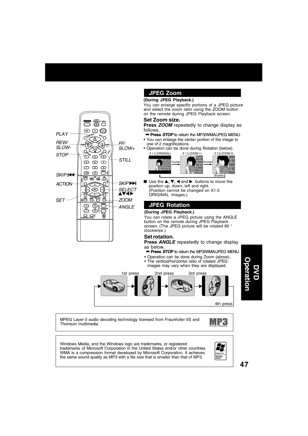 Panasonic PV-D4753S manual Jpeg Zoom, Jpeg Rotation, DVD Operation, Set Zoom size, Set rotation 