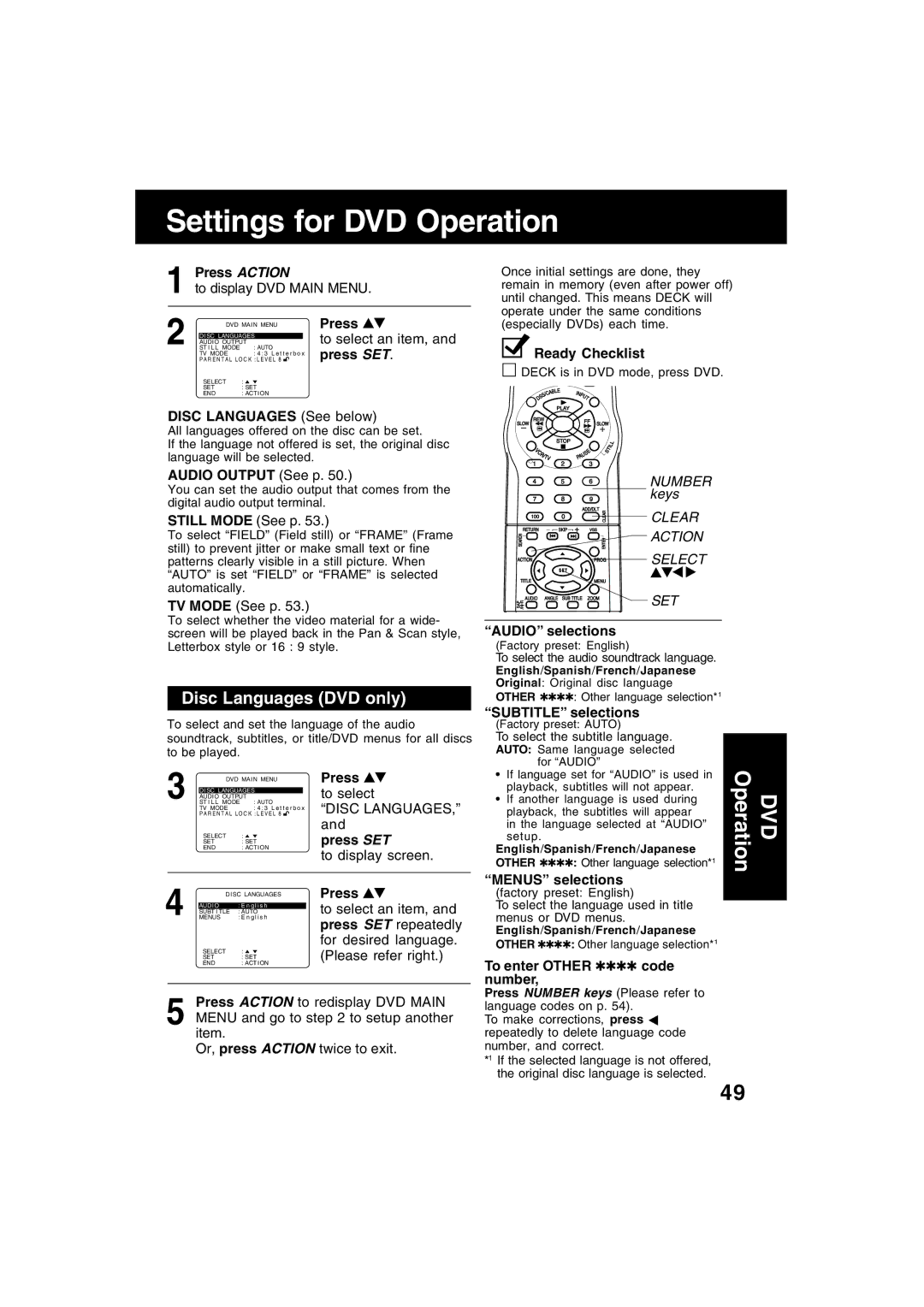 Panasonic PV-D4753S manual Settings for DVD Operation, Disc Languages DVD only 