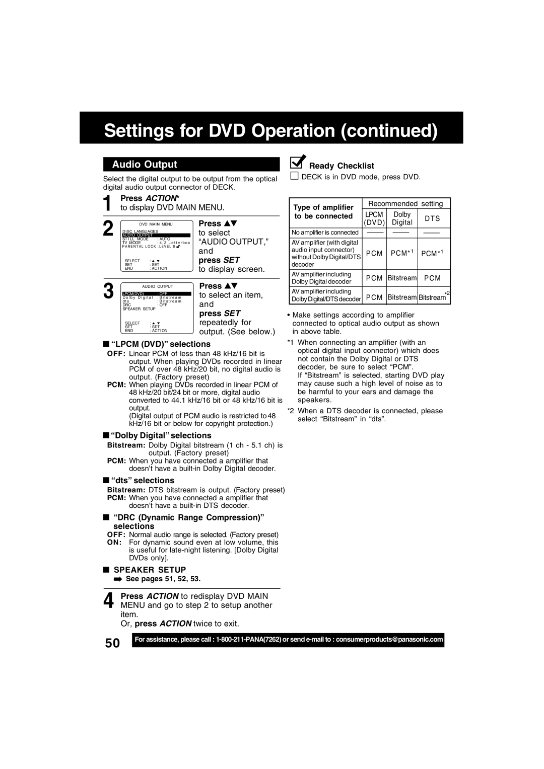 Panasonic PV-D4753S manual Audio Output, Speaker Setup 