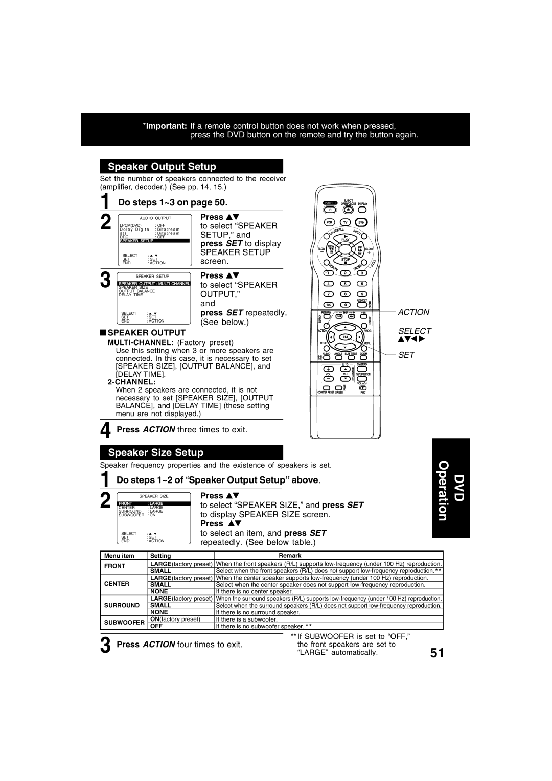 Panasonic PV-D4753S manual Speaker Size Setup, Do steps 1~2 of Speaker Output Setup above 