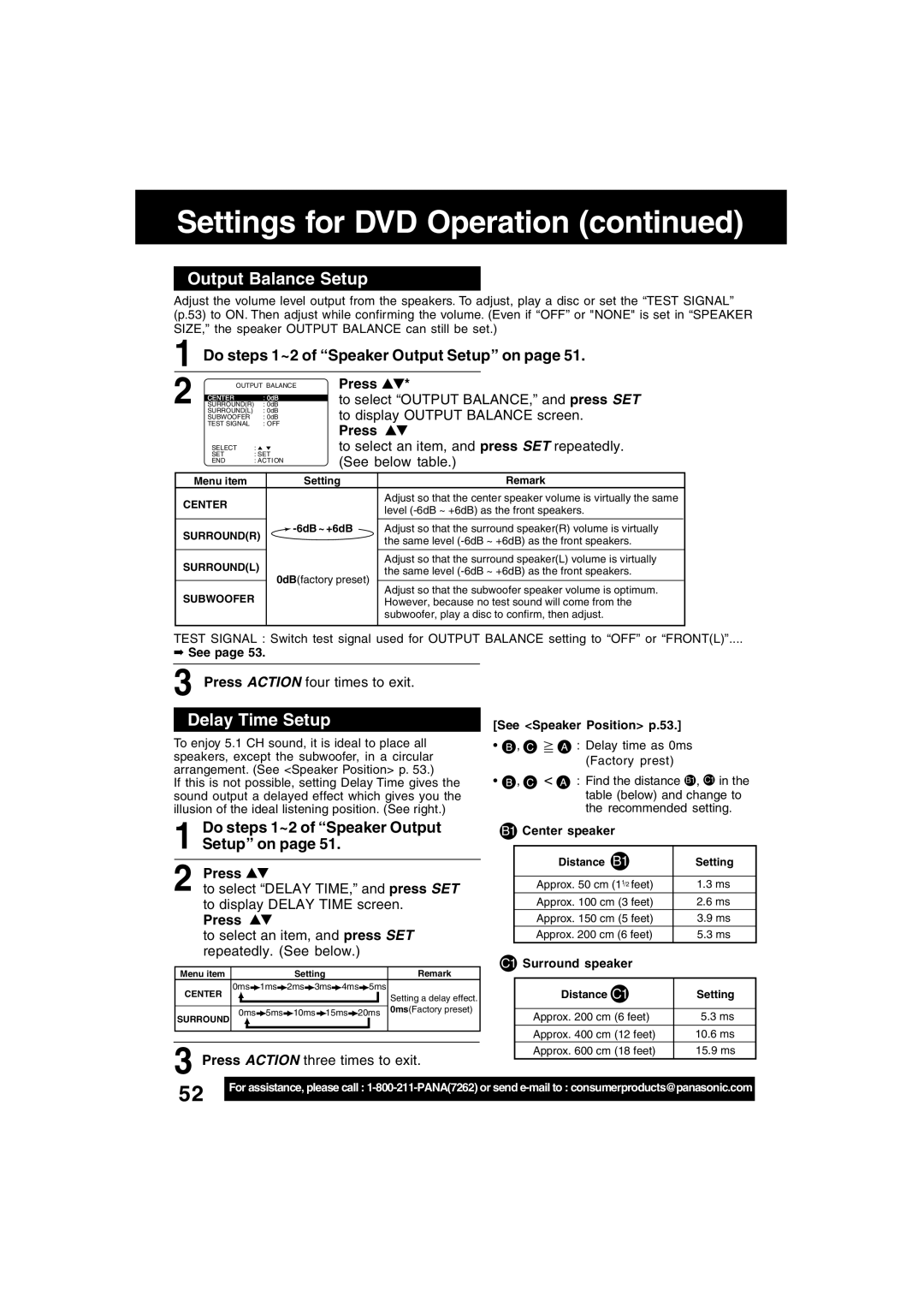 Panasonic PV-D4753S manual Output Balance Setup, Delay Time Setup, Do steps 1~2 of Speaker Output Setup on 