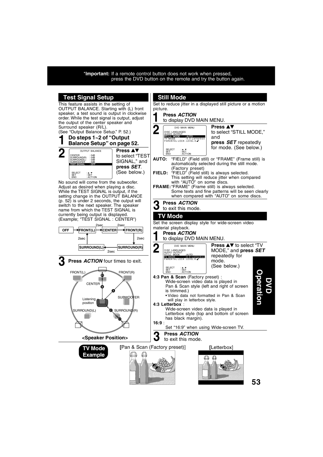 Panasonic PV-D4753S manual Test Signal Setup, Still Mode, TV Mode, Example 