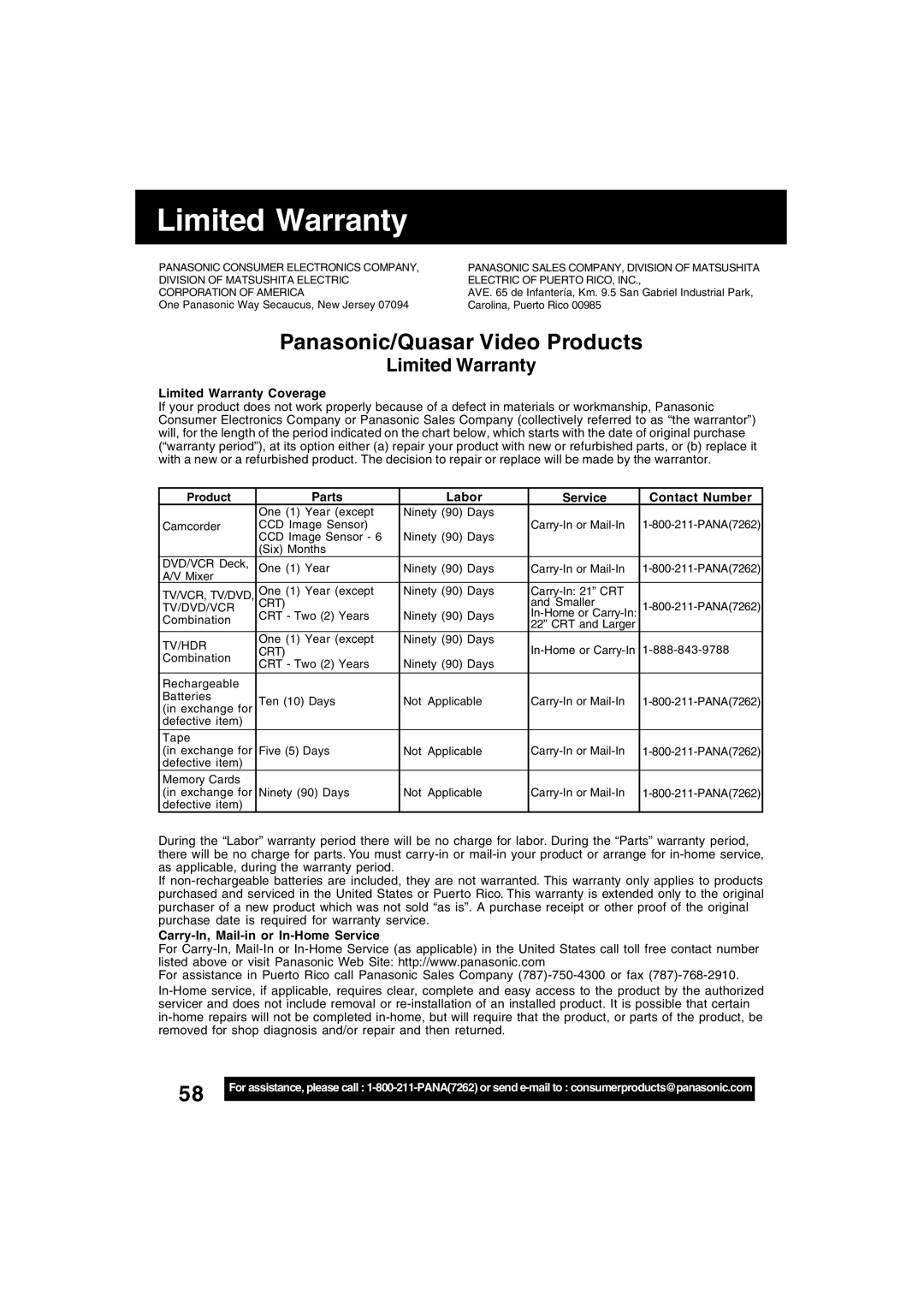 Panasonic PV-D4753S manual Limited Warranty Coverage, Parts Labor Service Contact Number 