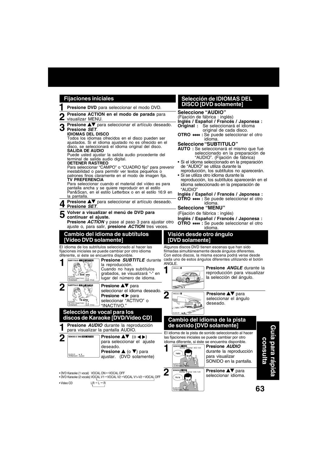 Panasonic PV-D4753S Fijaciones iniciales, Selección de Idiomas DEL Disco DVD solamente, Seleccione Audio, Seleccione Menu 