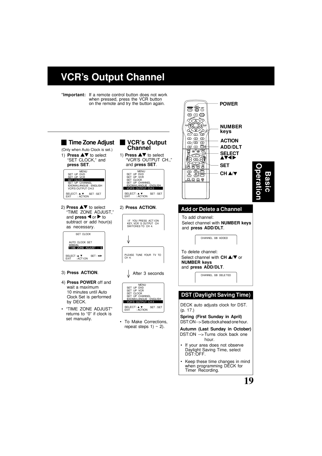 Panasonic PV-D4761 operating instructions VCR’s Output Channel, Add or Delete a Channel, DST Daylight Saving Time 