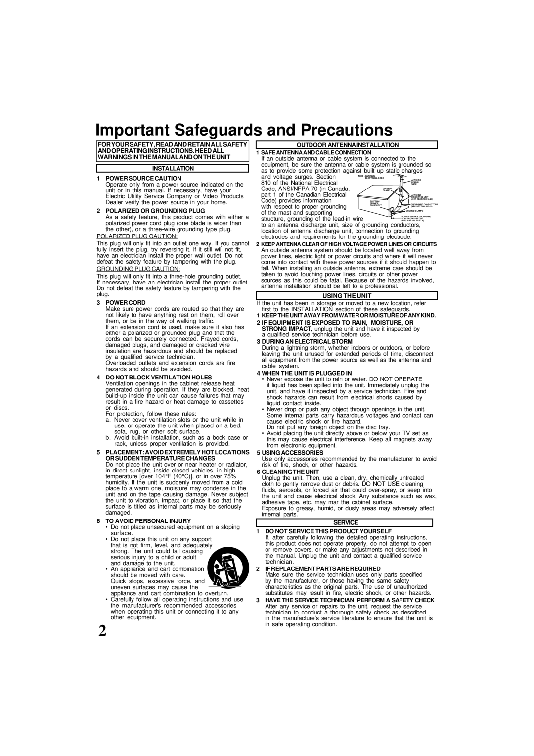 Panasonic PV-D4761 operating instructions Important Safeguards and Precautions 