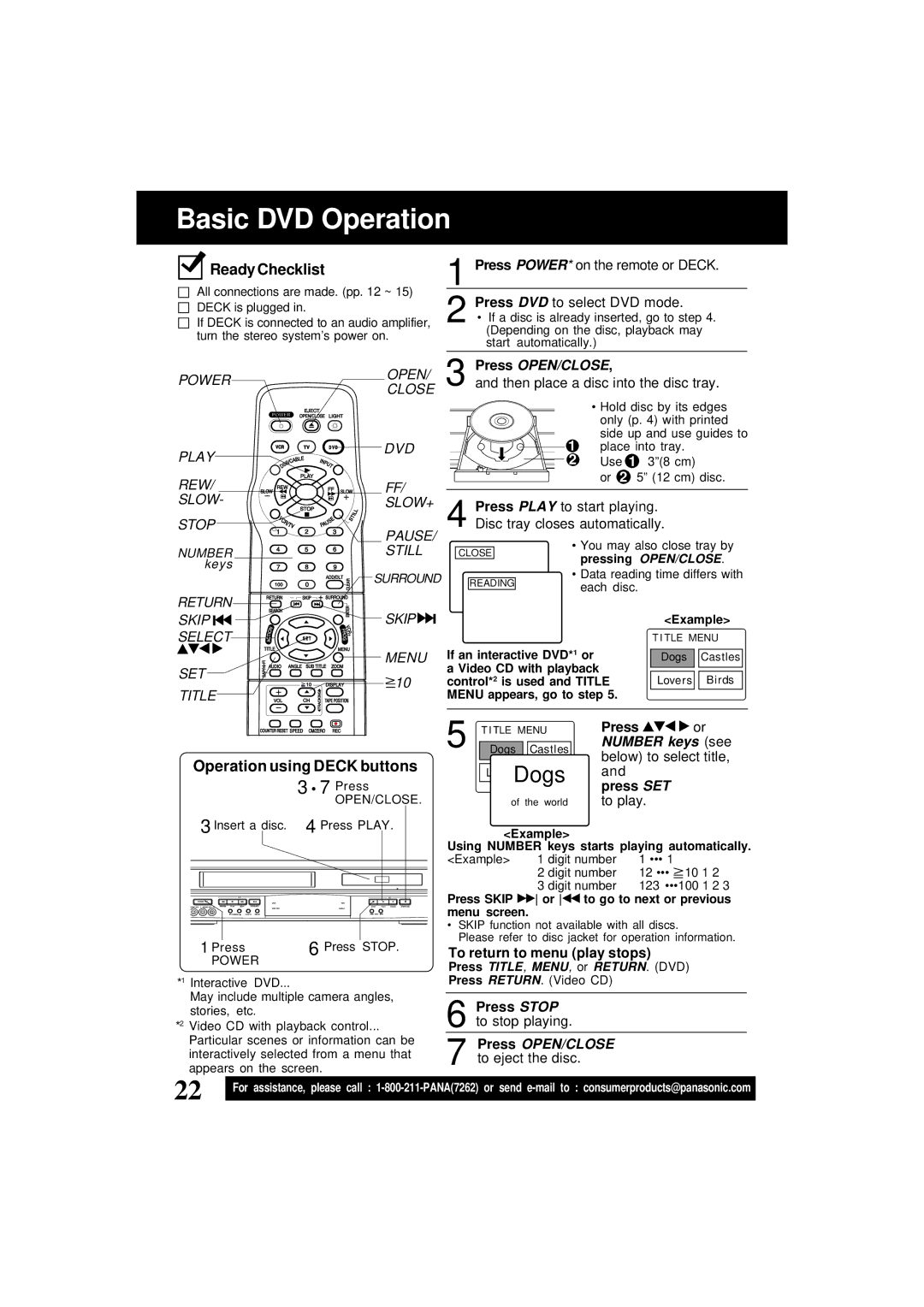 Panasonic PV-D4761 Basic DVD Operation, Operation using Deck buttons, To return to menu play stops, Press OPEN/CLOSE 