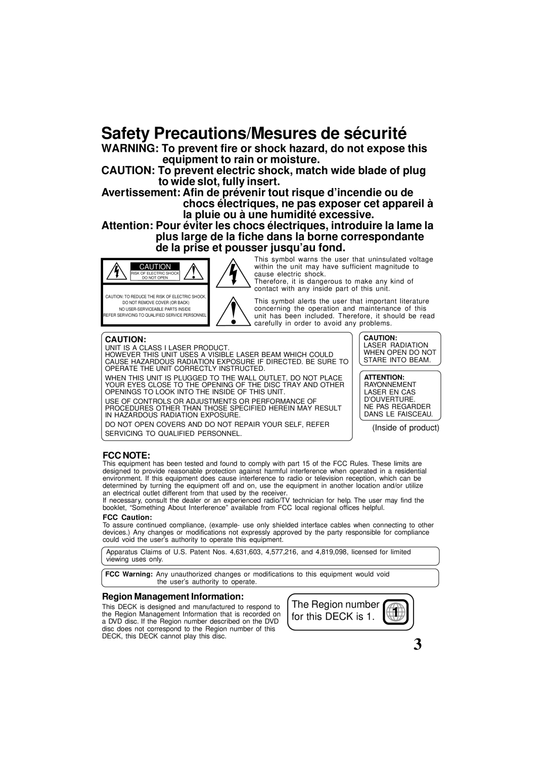 Panasonic PV-D4761 operating instructions Region Management Information, Inside of product, FCC Caution 