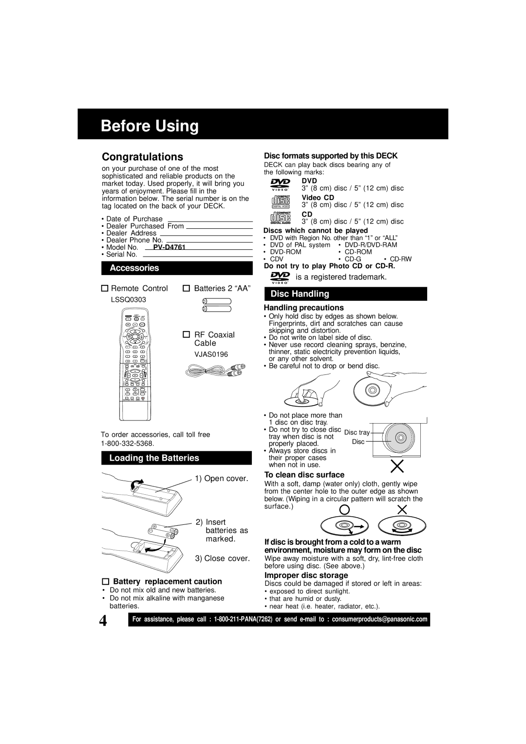 Panasonic PV-D4761 operating instructions Before Using, Accessories, Disc Handling, Loading the Batteries 